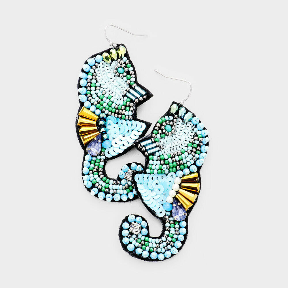 Sea Horse Earrings Seed Beaded Seahorse Sequins Bead 3"L Felt Back BLUE - PalmTreeSky