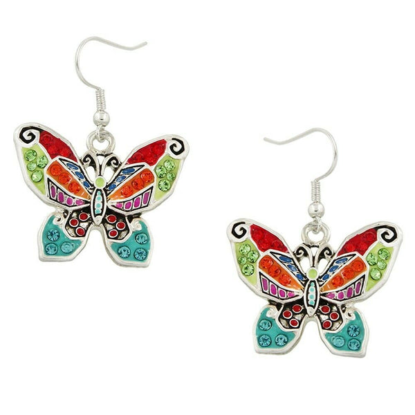 Butterfly Earrings Beaded Metal Drop Dangle SILVER MULTI Sea Life Beach Sand - PalmTreeSky