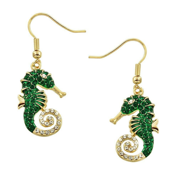 Sea Horse Earrings Pave Rhinestones Drop Dangle GOLD GREEN Beach Surfer Jewelry - PalmTreeSky