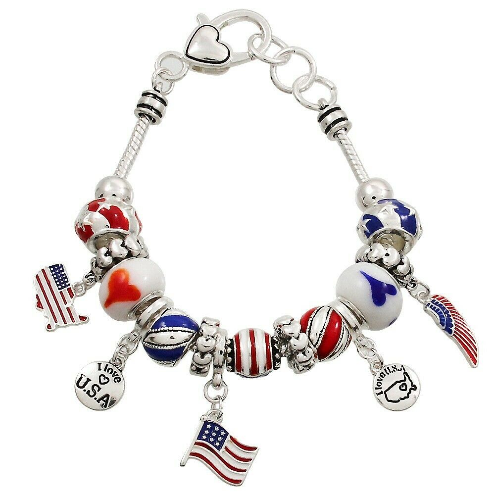 USA Bracelet Multi Beaded SILVER RED BLUE Flag Patriotic Celebrate Theme Jewelry - PalmTreeSky