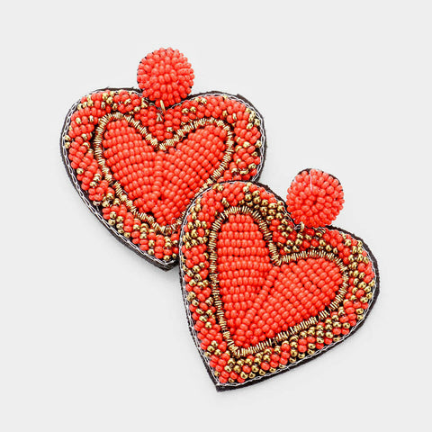 Heart Earrings Seed Bead Beaded Metal Statement 2.5" Drop Stud Post Love RED - PalmTreeSky