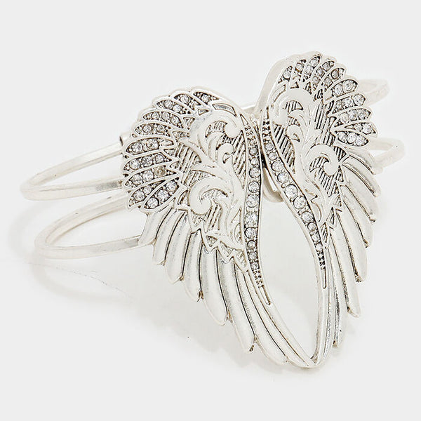 Angel Wings Bracelet Hinge Bangle Crystals SILVER Faith Prayer Cross Jewelry - PalmTreeSky