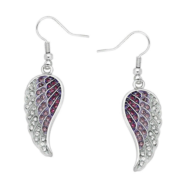 Angel Wing Earrings Pave Rhinestone SILVER PURPLE Drop Dangle Faith Hope Jewelry - PalmTreeSky