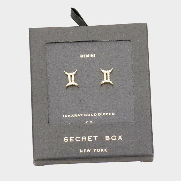 Secret Box Zodiac Earrings GEMINI Month Birth Sign Celestial 14K GOLD DIPPED - PalmTreeSky