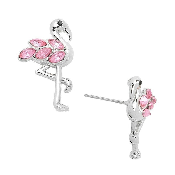 Flamingo Earrings Crystal Bird Tropical Post Stud Beach Florida SILVER PINK - PalmTreeSky