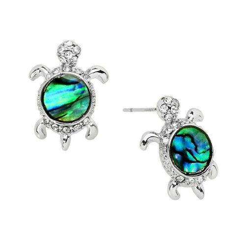 Turtle Earrings Studs Post Crystal Pave Rhinestone Abalone Shell SILVER Sea Life - PalmTreeSky