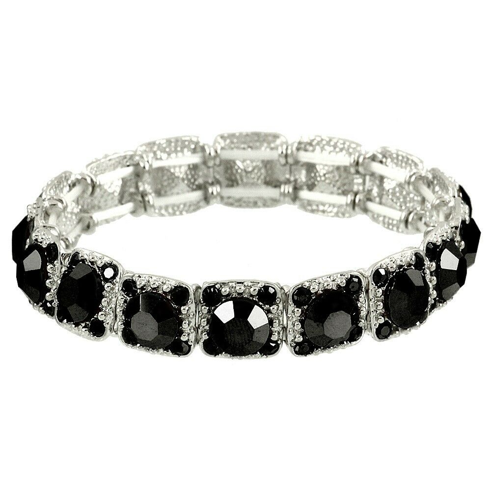 Crystal Bracelet Pave Rhinestones Square Cut Stretch SILVER BLACK Evening - PalmTreeSky