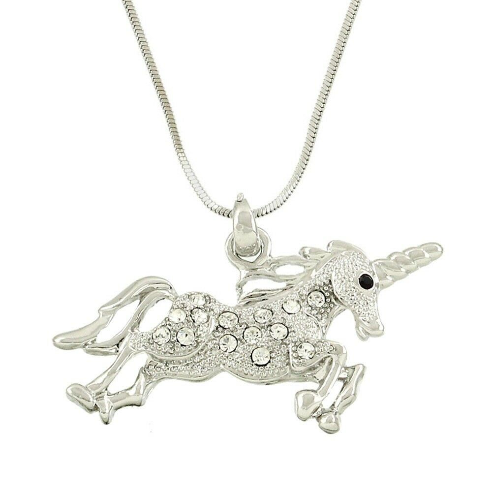 Unicorn Necklace Small Charm Magical Horse Animal Rhinestone Gallop Run SILVER - PalmTreeSky