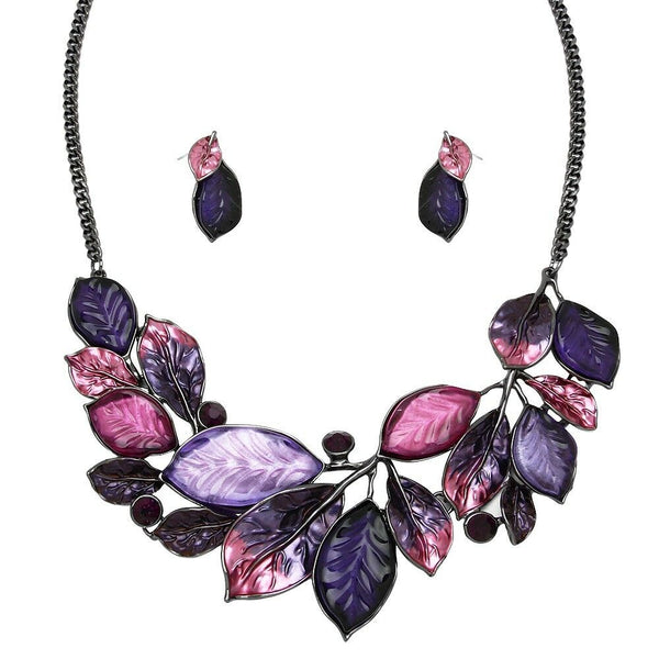 Leaf Necklace Set Chunky Pendant Statement Floral Ivy Rhinestone Painted PURPLE - PalmTreeSky