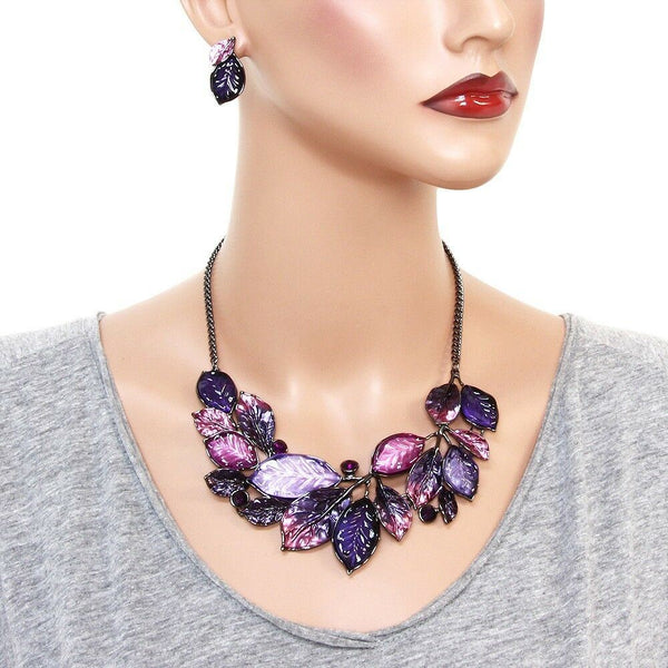 Leaf Necklace Set Chunky Pendant Statement Floral Ivy Rhinestone Painted PURPLE - PalmTreeSky