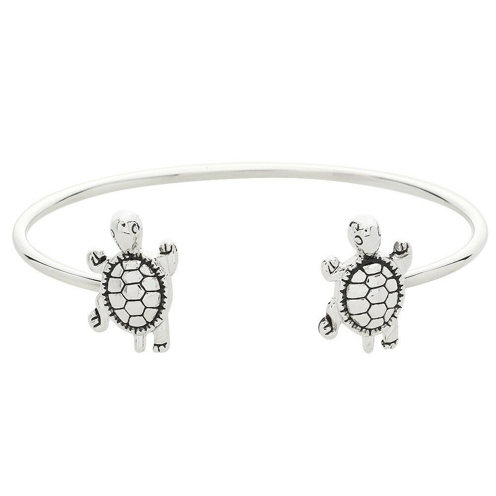 Turtle Bracelet Sea Life Open Cuff Bangle Double SeaTurtle Tip SILVER Surf Sand - PalmTreeSky