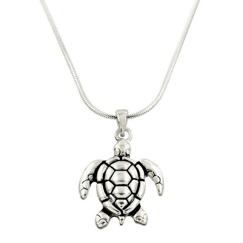 Turtle Necklace Small Charm Pendant Sea Turtle Plain Metal Chain SILVER Beach - PalmTreeSky