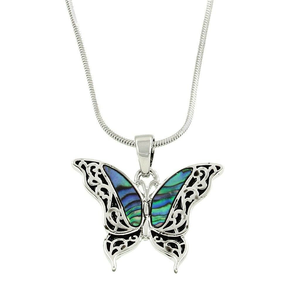 Butterfly Necklace Pendant Charm Filigree Sea Life ABALONE SHELL SILVER Jewelry - PalmTreeSky