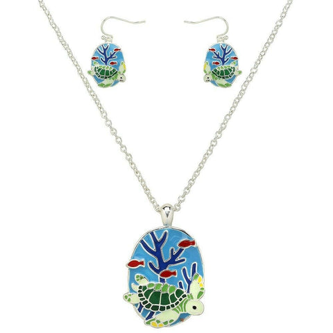 Turtle Necklace Painted Pendant Shell Sea Life Underwater Ocean SILVER Jewelry - PalmTreeSky