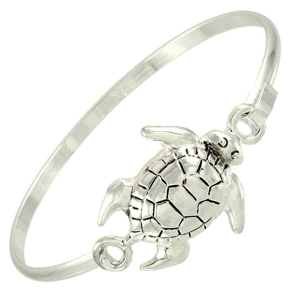 Turtle Bracelet Hook Bangle Thin Metal Band Sea Turtle Beach Surfer Sand SILVER - PalmTreeSky