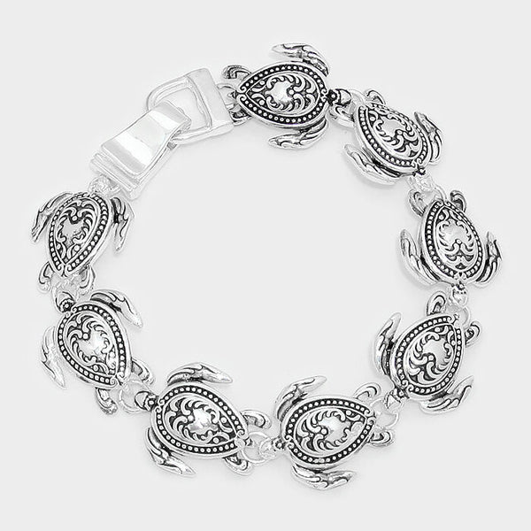 Turtle Bracelet Chain Link Magnetic Closure Clasp Cutout Filigree SILVER SeaLife - PalmTreeSky