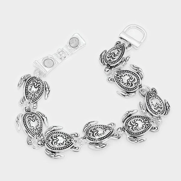 Turtle Bracelet Chain Link Magnetic Closure Clasp Cutout Filigree SILVER SeaLife - PalmTreeSky