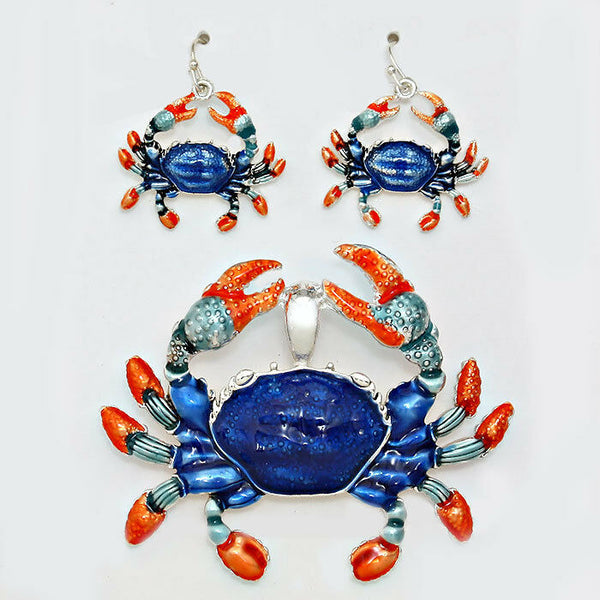 Crab Pendant Earrings SET Metal Beaded Enamel BLUE ORANGE SILVER Beach Jewelry - PalmTreeSky