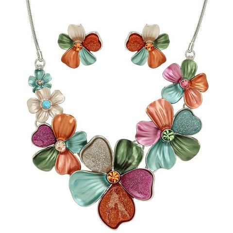 Flower Necklace Set Chunky Pendant Statement Floral Rhinestone Painted SMT Leaf - PalmTreeSky