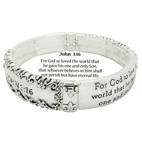 John 3:16 Bracelet Prayer For God So Loved the World Stretch SILVER Jewelry - PalmTreeSky