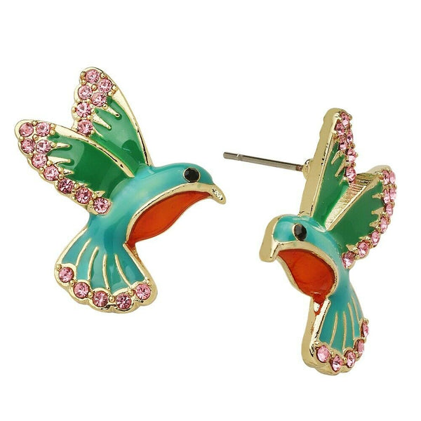 Hummingbird Earrings Charm Pave Rhinestone Fly Bird Post Studs GOLD MULT Jewelry - PalmTreeSky