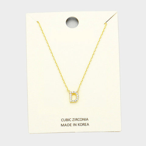 Initial Necklace Tiny CZ Cubic Zirconia .2" Monogram Letter D Rhinestone GOLD - PalmTreeSky