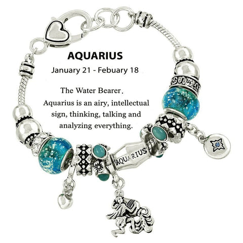 Horoscope Birthstone Bracelet Birthday Gift Aquarius SILVER BLUE January Feb - PalmTreeSky