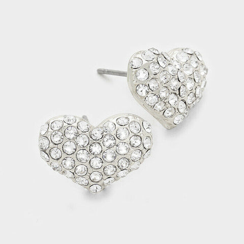 Heart Earrings Pave Small Studs Post Stud Crystal Rhinestone .6" W SILVER Love - PalmTreeSky