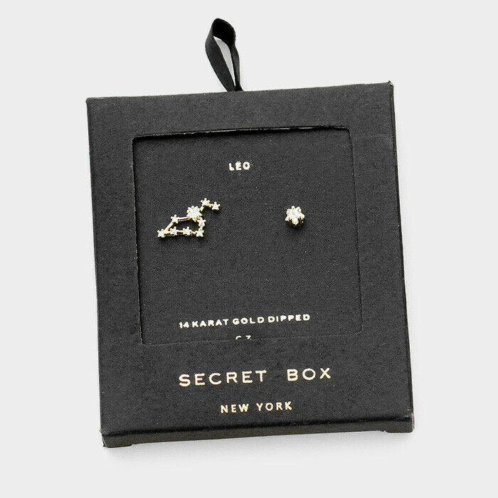 Secret Box Star Earrings Gift Tiny Zodiac LEO Sign CZ Moon 14K GOLD DIPPED - PalmTreeSky