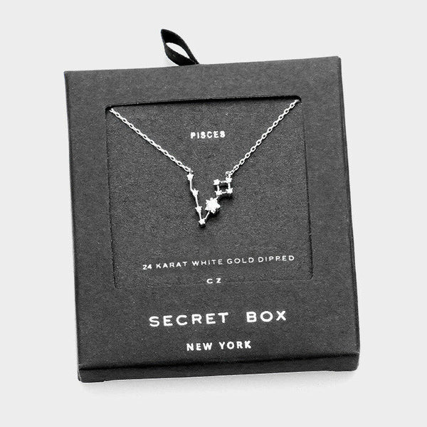 Secret Box Zodiac Necklace Tiny Pendant PISCES Sign Celestial White Gold Dipped - PalmTreeSky