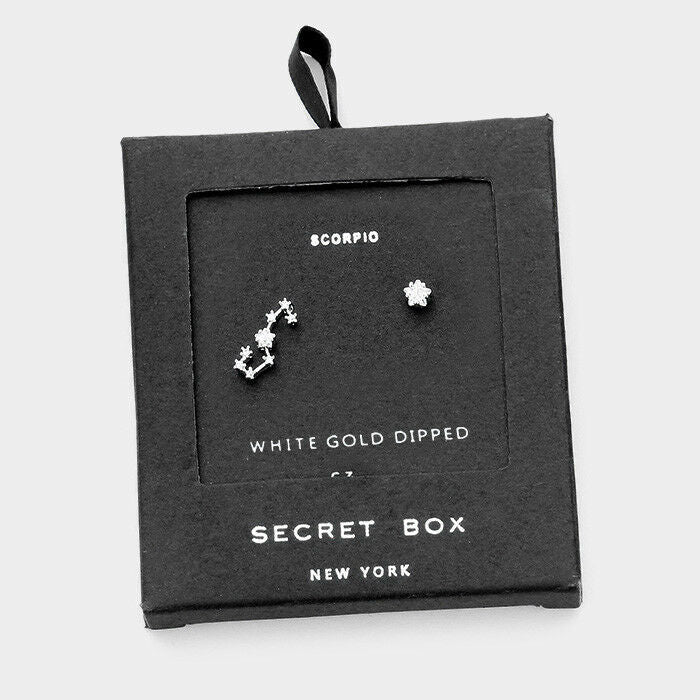 Secret Box Star Earrings Gift Tiny Zodiac SCORPIO Sign CZ Moon WHT GOLD DIPPED - PalmTreeSky