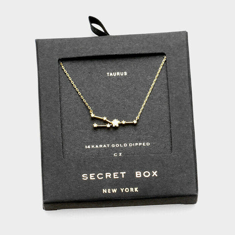 Secret Box Zodiac Necklace Tiny Pendant TAURUS Sign Celestial 14k Gold Dipped - PalmTreeSky