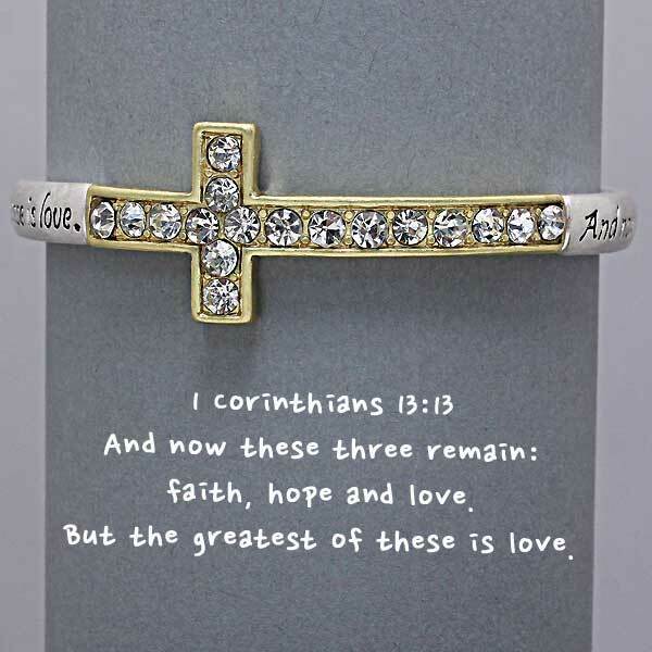 Corinthians 13:13 Bracelet Rhinestone Cross Prayer Faith Hope Love SILVER GOLD - PalmTreeSky