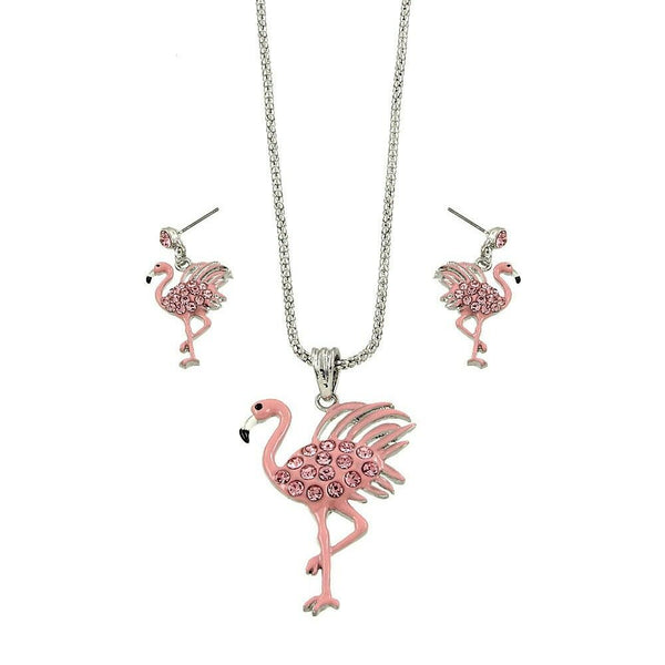 Flamingo Necklace 2" Pendant 1" Earrings Tropical Beach Florida Bird SILVER PINK - PalmTreeSky