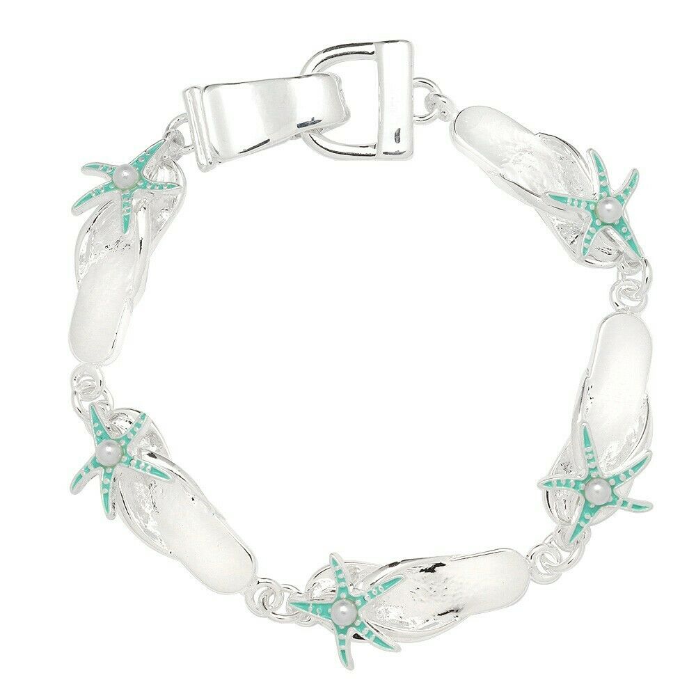 Flip Flop Bracelet Magnetic Clasp Starfish Pearl Beach Sandal Surf SILVER AQUA - PalmTreeSky