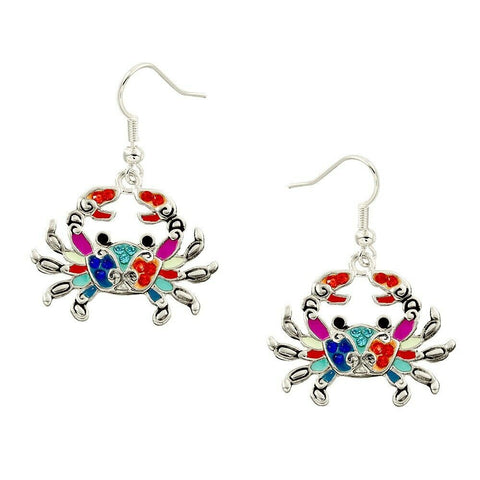 Crab Earrings Crystal Dangle Sea Life Beach Surfer Nautical SILVER MULTI Jewelry - PalmTreeSky