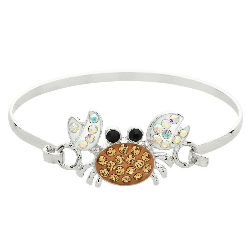 Crab Bracelet Hook Bangle Metal Shell Sea Life Claw Sand SILVER TOPAZ Crystal - PalmTreeSky