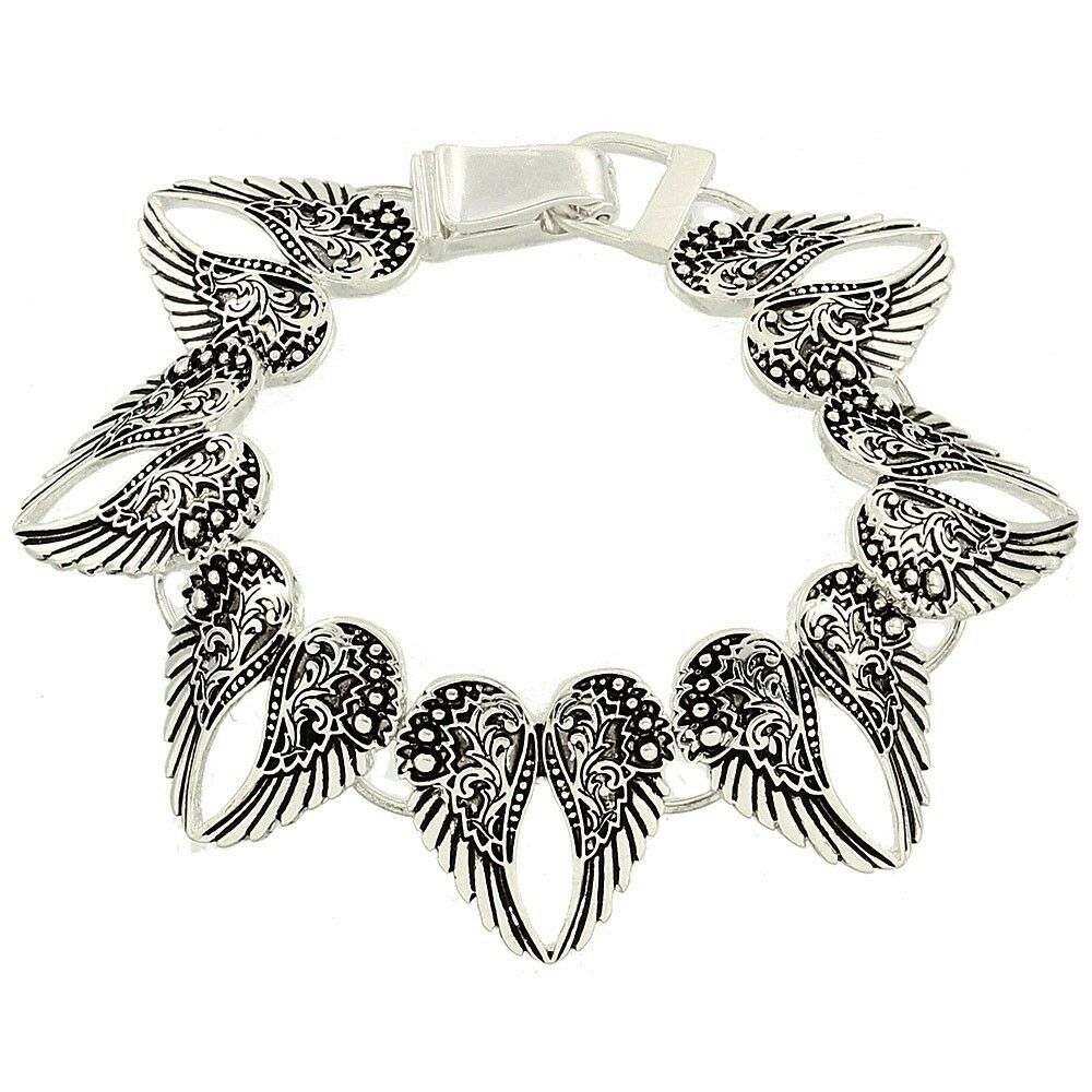 Angel Wings Bracelet Magnetic Clasp Metal Link Feather Faith Hope SILVER Gift - PalmTreeSky