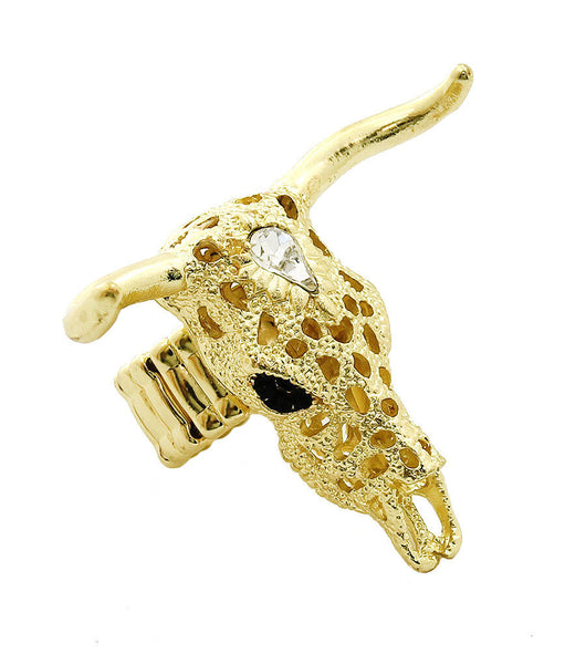 Horn Ring Stretch Filigree Animal Leaf Statement GOLD Bull Ox Horse Eye Jewelry - PalmTreeSky