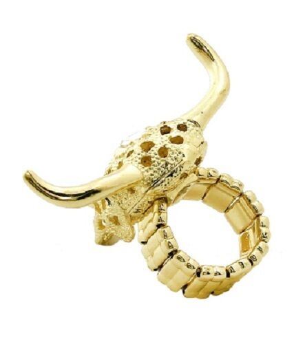 Horn Ring Stretch Filigree Animal Leaf Statement GOLD Bull Ox Horse Eye Jewelry - PalmTreeSky