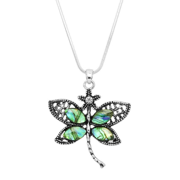 Dragonfly Necklace Pave Rhinestone Pendant Snake Chain SILVER ABALONE SHELL - PalmTreeSky