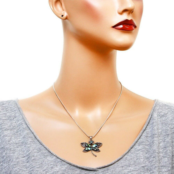 Dragonfly Necklace Pave Rhinestone Pendant Snake Chain SILVER ABALONE SHELL - PalmTreeSky