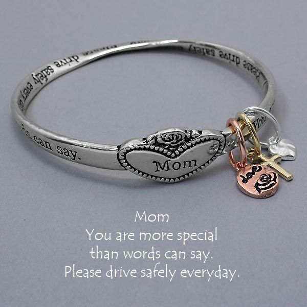 Mom Charm Bangle Bracelet SILVER Special Drive Safe Inspiration Message Jewelry - PalmTreeSky