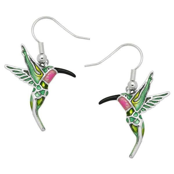 Hummingbird Earrings Painted Metal Fly Bird Seed Watch Dangle SILVER Jewelry - PalmTreeSky