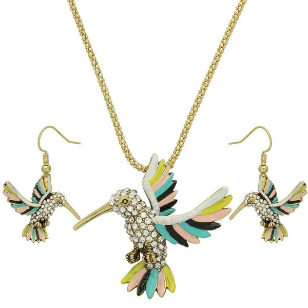 Hummingbird Necklace Earring SET Charm Pave Rhinestone Fly Bird GOLD MT1 Jewelry - PalmTreeSky