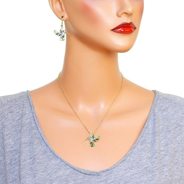 Hummingbird Necklace Earring SET Charm Pave Rhinestone Fly Bird GOLD MT1 Jewelry - PalmTreeSky