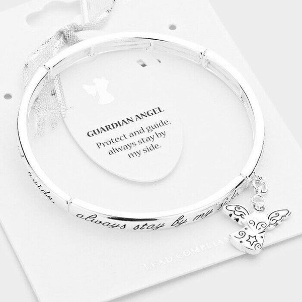 Guardian Angel Charm Stretch Bracelet SLVR Believe Protect My Side Quote Jewelry - PalmTreeSky