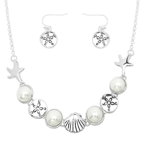 Starfish Necklace SET Sea Shell Sand Dollar Pearl SILVER WHITE Beach Jewelry - PalmTreeSky