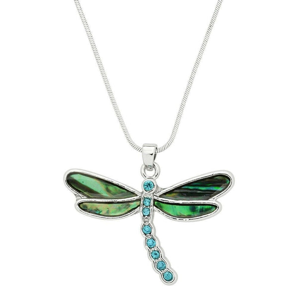 Dragonfly Necklace Abalone Shell Turquoise Rhinestone 39mm Pendant SILVER Sea - PalmTreeSky