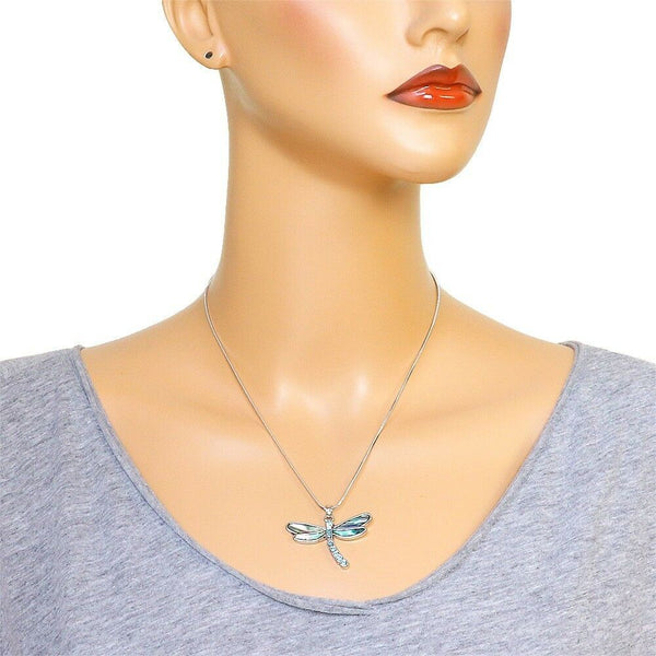 Dragonfly Necklace Abalone Shell Turquoise Rhinestone 39mm Pendant SILVER Sea - PalmTreeSky